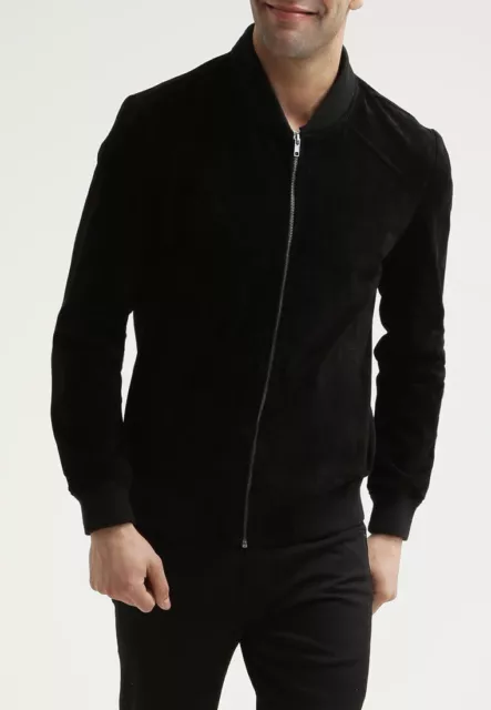 Men's Bomber Flight Suede Black Leather Jacket Slim fit Size XS S M L XL - FL416