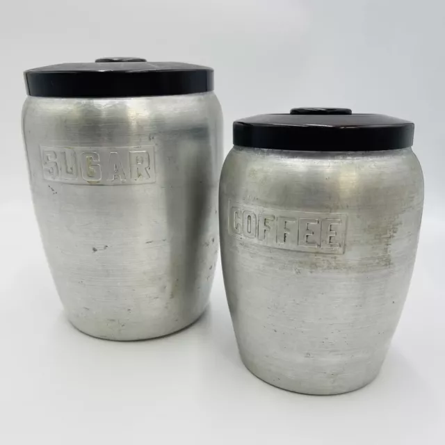 Brushed Aluminum Canister With black lid Sugar and Coffee Made In Japan