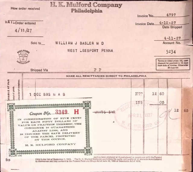 HK Mulford Co. 1927 Philadelphia PA Apothecary Pharmacy Invoice Purchase Order