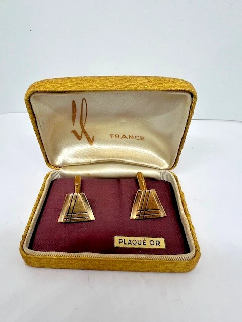 Boutons De Manchette Anciens Plaqué Or Gravés Diamant - Coffret Vintage Superbe état