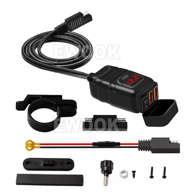 Dual USB Port Motorcycle Fast Charger Socket LED Voltmeter Display ON OFF Switch 2