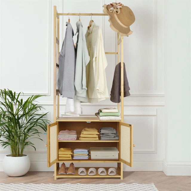 EXTRA TALL GARMENT Rack Bamboo Heavy Duty Coat Stand Wardrobe w Storage Shelves 53.93 PicClick UK