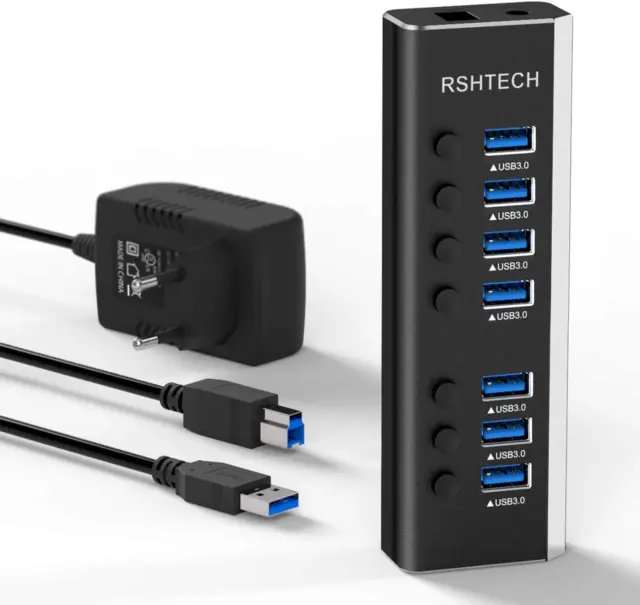 RSHTECH Hub USB 3.0 a 7 Porte in Alluminio Con Alimentatore 24W(12V/2A), 7 Porte