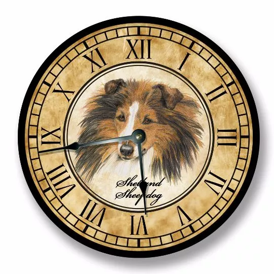 Shetland Sheepdog Wall CLOCK - Color Pencil Sketch - Old World Look