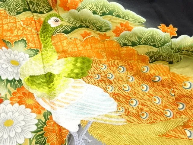 6793167: Japanese Kimono / Antique Tomesode / Embroidery / Peacock With Kiku & P