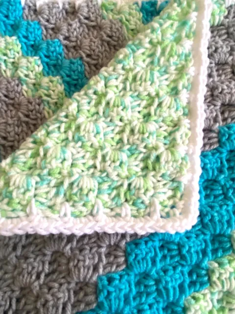 Handmade Crochet C2C Blanket Afghan Baby Toddler Acrylic Multi Blue Gray Green