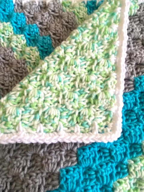 Handmade Crochet C2C Blanket Afghan Baby Toddler Acrylic Multi Blue Gray Green