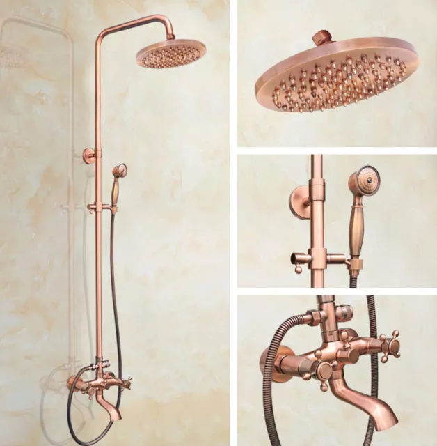 Wall Mount Red Copper 8" Top Shower Tub Spout Hand Sprayer Set Shower Faucet