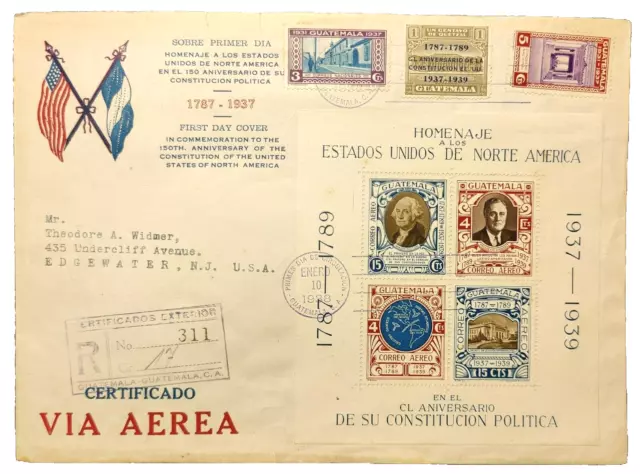 1938 Guatemala FDC Cover Registered 150th Anniversary US Constitution to NJ