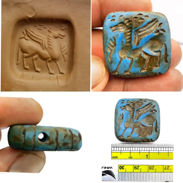 Turquoise Sasaanian  Old Near Eastern Intaglio Seal Stamp   Stone Bead