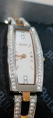 Bulova 98X110 Two Tone White MOP Dial Womens Dress Watch w/ Swarovski Crystals