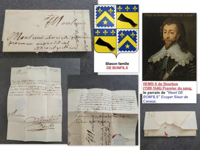 Lettre 1661 FRONTIGNAN Sieur DE BONFILS/parrain Henri II BOURBON indice 15=160€