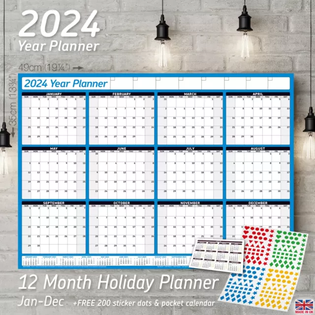 2025 YEARLY PLANNER Annual Wall Chart BLUE + FREE Sticker Dots & Pocket