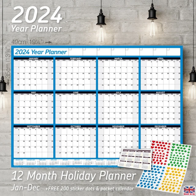2025 YEARLY PLANNER Annual Wall Chart BLUE + FREE Sticker Dots & Pocket
