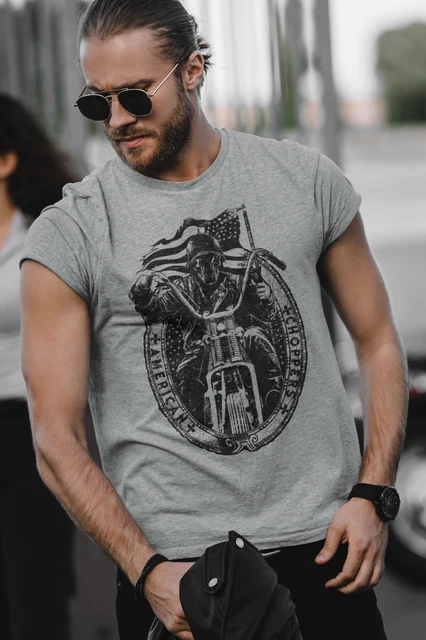 American Choppers Custom Biker T Shirt Motorcycle Skull Classic American Flag