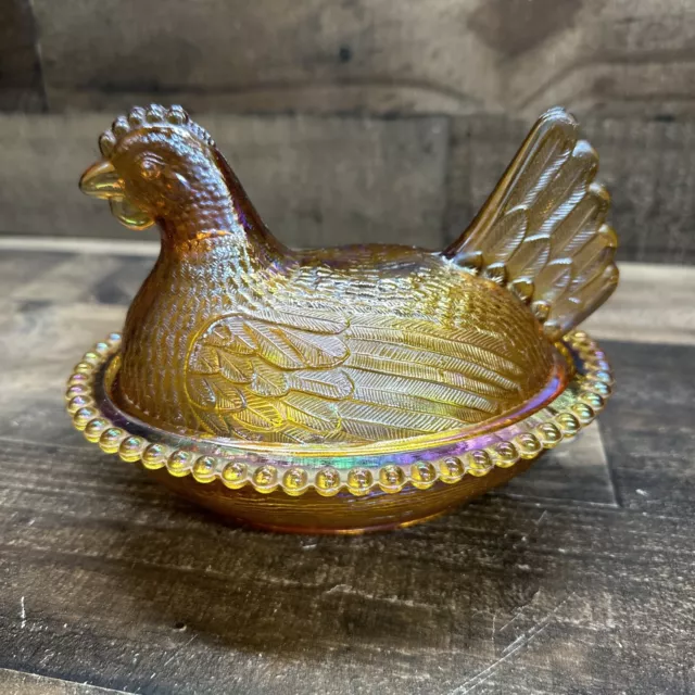 Vintage Indiana Carnival Glass Hen On Nest Amber-Gold 7in Candy Dish