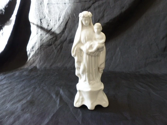 GRANDE ANTIQUE STATUE Vierge Marie Et Enfant Jesus En Biscuit Blanc
