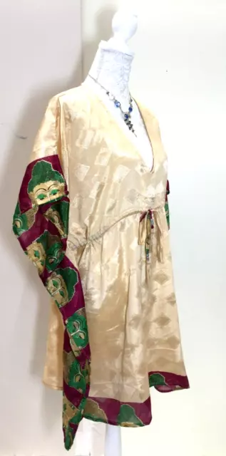 Retro CREAM Tunic Dress Kaftan  Cover up Boho hippy festival Sari Silk UK 8 - 18