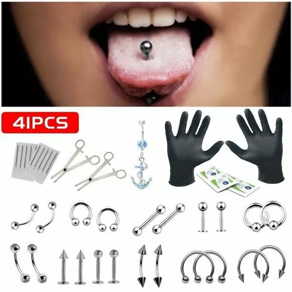 41PCS Body Piercing Jewelry Tool Belly Tongue Eyebrow Nipple Lip Needles Kit