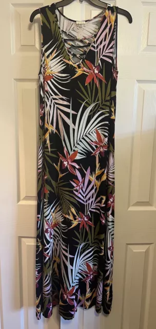 Spense Long Sleeveless Dress Black W/ Tropical Flowers Size Large