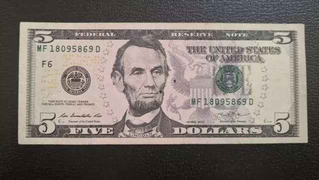 Banconota 5 Dollari Lincon 2013 Stati Uniti d' America @ 5 Dollars U.S.A.