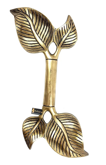 Handmade Twin Leaf Design Brass Door Handle - Antique Yellow