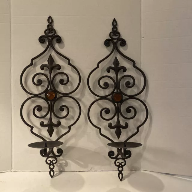 Vintage Handmade Wrought Iron W/ Amber Center Wall Sconce Candle Holder Set