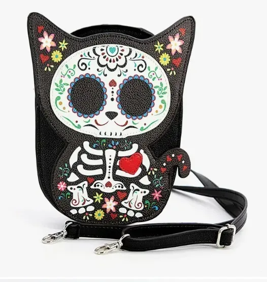 New Floral Sugar Skull Cat Kitten Dia De Los Muertos Crossbody Womens Bag Purse