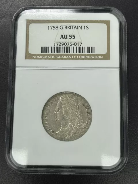 GREAT BRITAIN 1758 Silver Shilling King George II  NGC AU 55