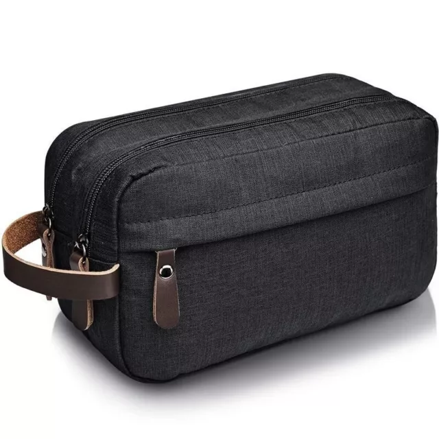 Canvas Wash Bag Black Faux Leather Dopp Kit Shave Travel Bath Grooming Hang NEW