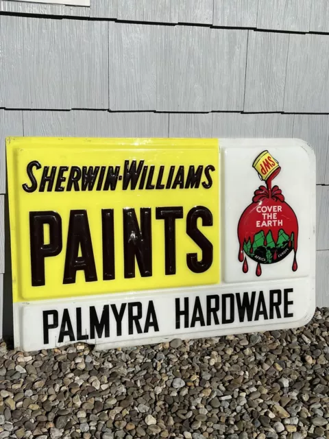 Vintage SHERWIN-WILLIAMS PAINTS Cover The Earth Embossed Plastic Sign LARGE!!