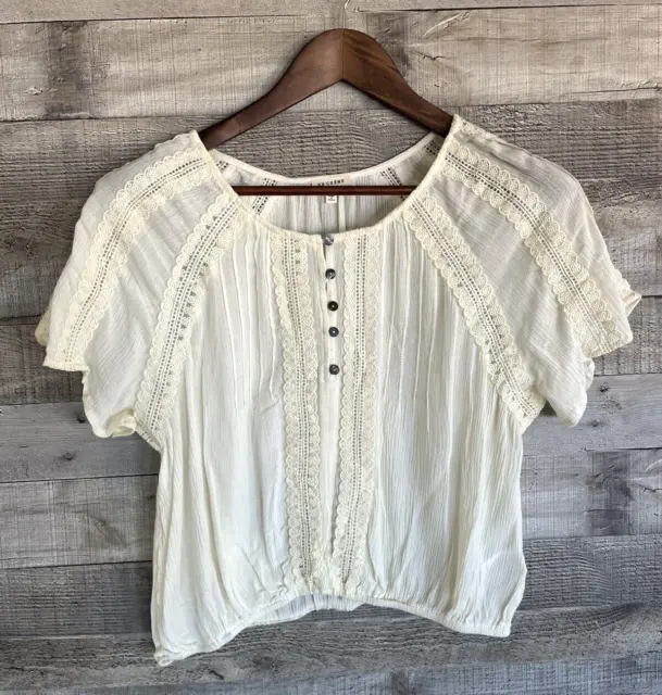 En Creme Boho Blouse Top Women's L Sheer *READ* Cream Colored Lace Micro Pleated
