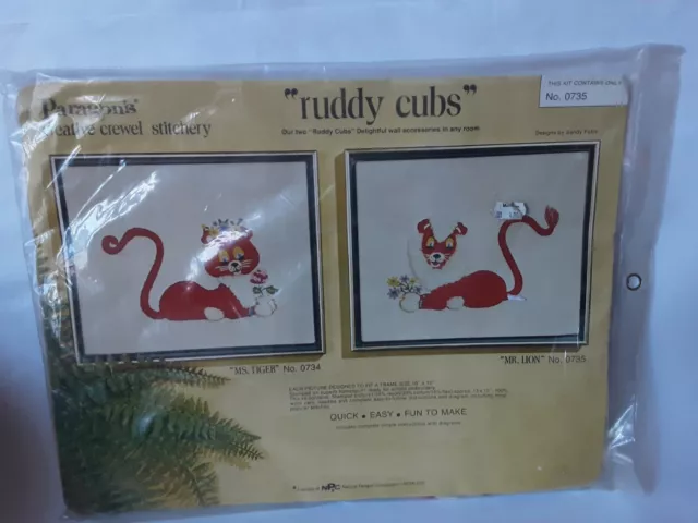 New Vintage 70s Paragon's Crewel Embroidery Stitchery Ruddy Cubs Mr Tiger 0735