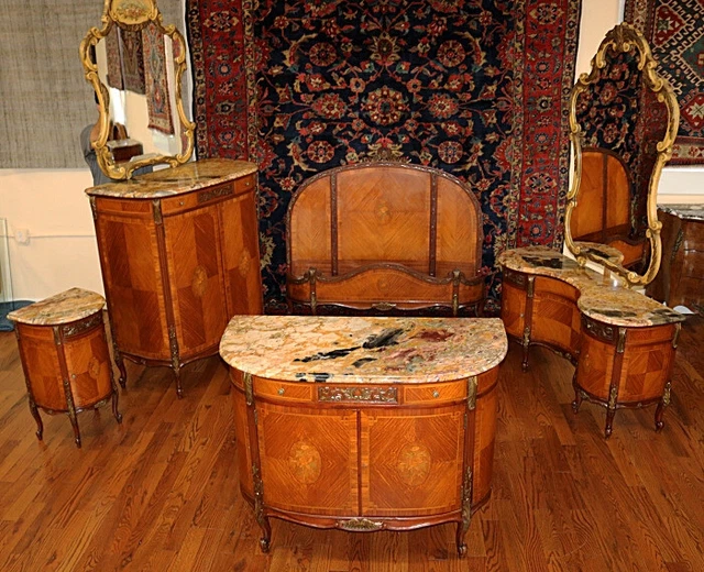 French Marble Top Kingwood Inlaid 7 Piece Bedroom Set Circa 1920 Full Bed