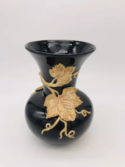 Fitz & Floyd Classics East-West Black Vase Textured Applied Vine Branches Leaves