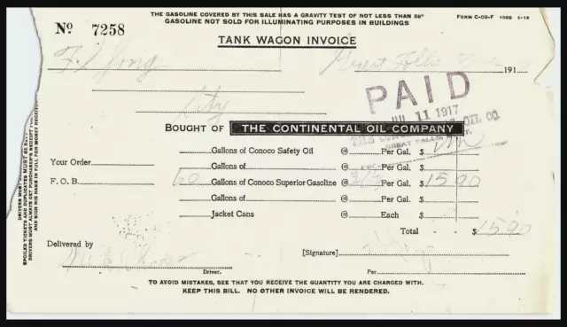 Great Falls MT Continental Oil Company Tank Wagon Payment Paid Invoice 1917 e2-7