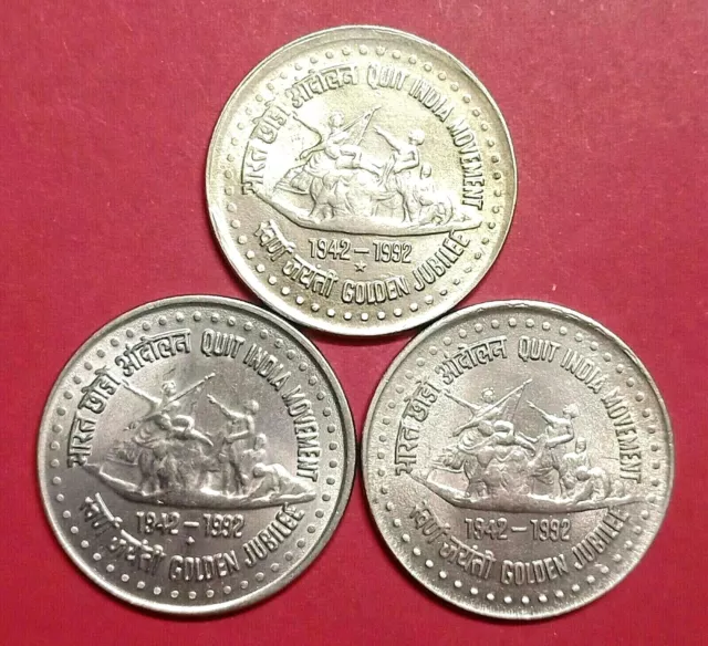 India 1 Rupee 1992 "Quit India Movement" Cu.ni. Unc Set Of 3 Coins All Mint Rare
