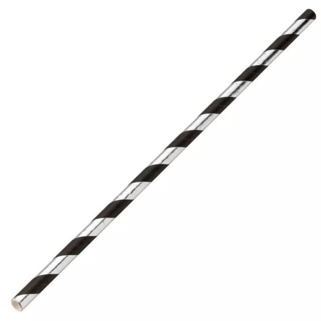 Silver And Black Striped Paper Straws 8" (20cm) Biodegradable Compostable 6mm