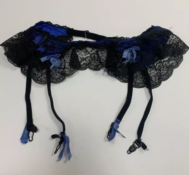 Nan Flower Lingerie Garter Belt M Black Blue Nylon Lacey Bows Sheer 1980’s USA