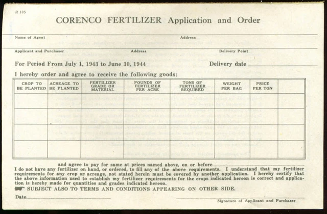 Corenco Fertilizer Application & Order Pad 1943-1944
