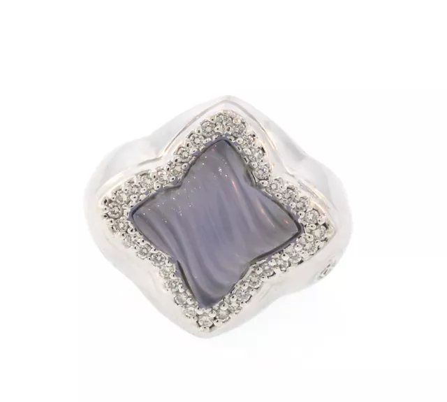David Yurman 18K White Gold Blue Chalcedony Diamond Quatrefoil Ring Size 6