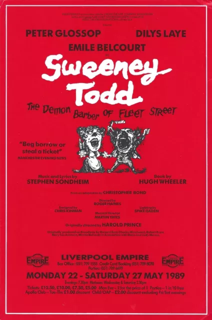 Sondheim's "SWEENEY TODD" Peter Glossop / Dilys Laye 1989 Liverpool Flyer