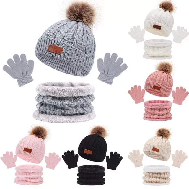 3PCS/set Kids Hat Scarf Gloves Set Baby Winter Warm Girls Boys Pompom Beanie Cap