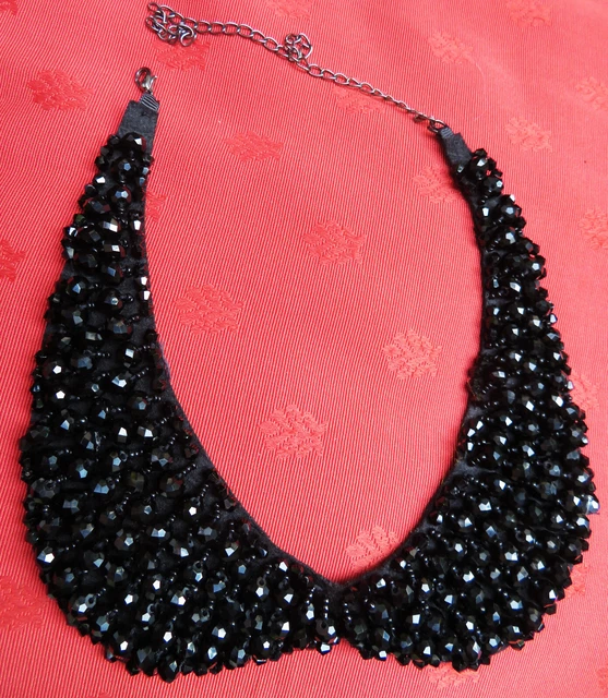 Collier Ancien Perles De Jais Facettées Double Rang - 53 Cm - Bijou Vintage Noir Verre - Occasion