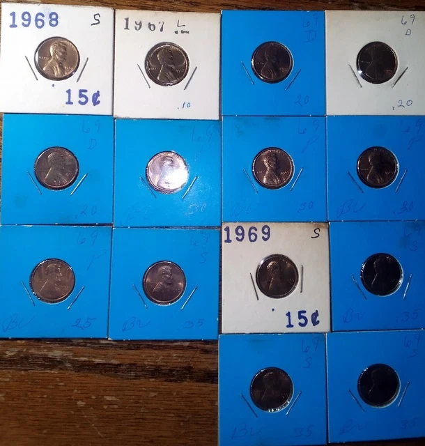 Lot Of 5x 1969-S, 4x 1969(P), 3x 1968-D, 1x 1967, & 1x 1968-S Pennies