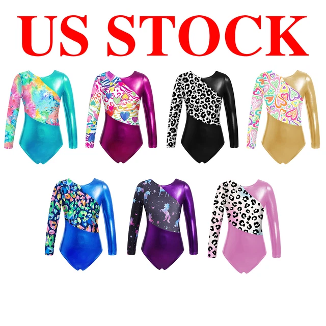 US Kid's Gym Leotard Girl Long Sleeve Colorful Print Athletic Ballet Dance-wear