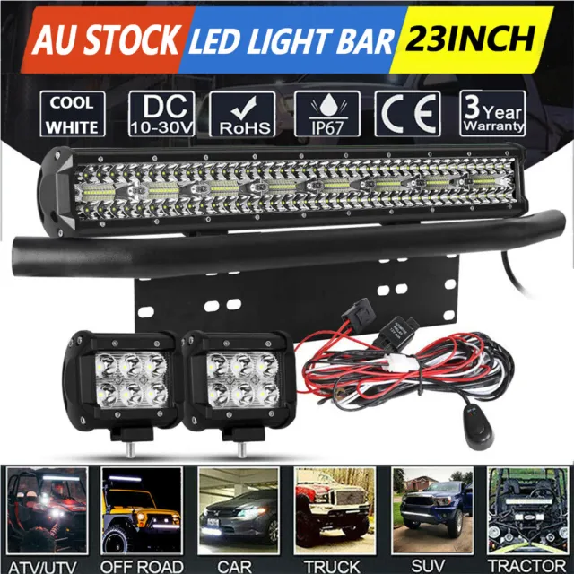23inch LED Light Bar Spot Flood Combo + 23'' Number Plate Frame +4" Light Pods