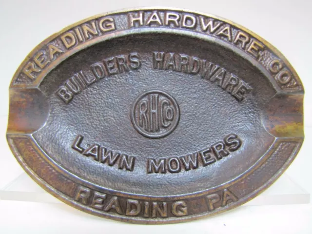 READING HARDWARE Pa Old Cast Iron Ad Tray Ashtray LAWN MOWERS BUILDERS HARDWARE