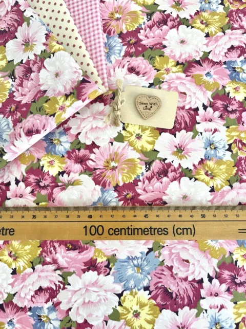 100% Cotton Poplin Fabric Floral Flowers Vintage Blue Pink Rose & Hubble