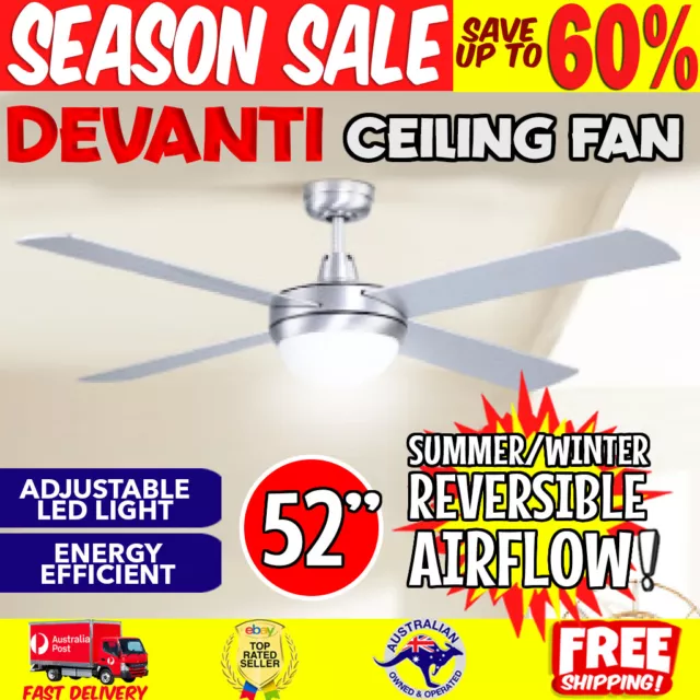 Ceiling Fan with Led Light Remote Control 4 Blades Fans 52 Inch Blade 1300mm